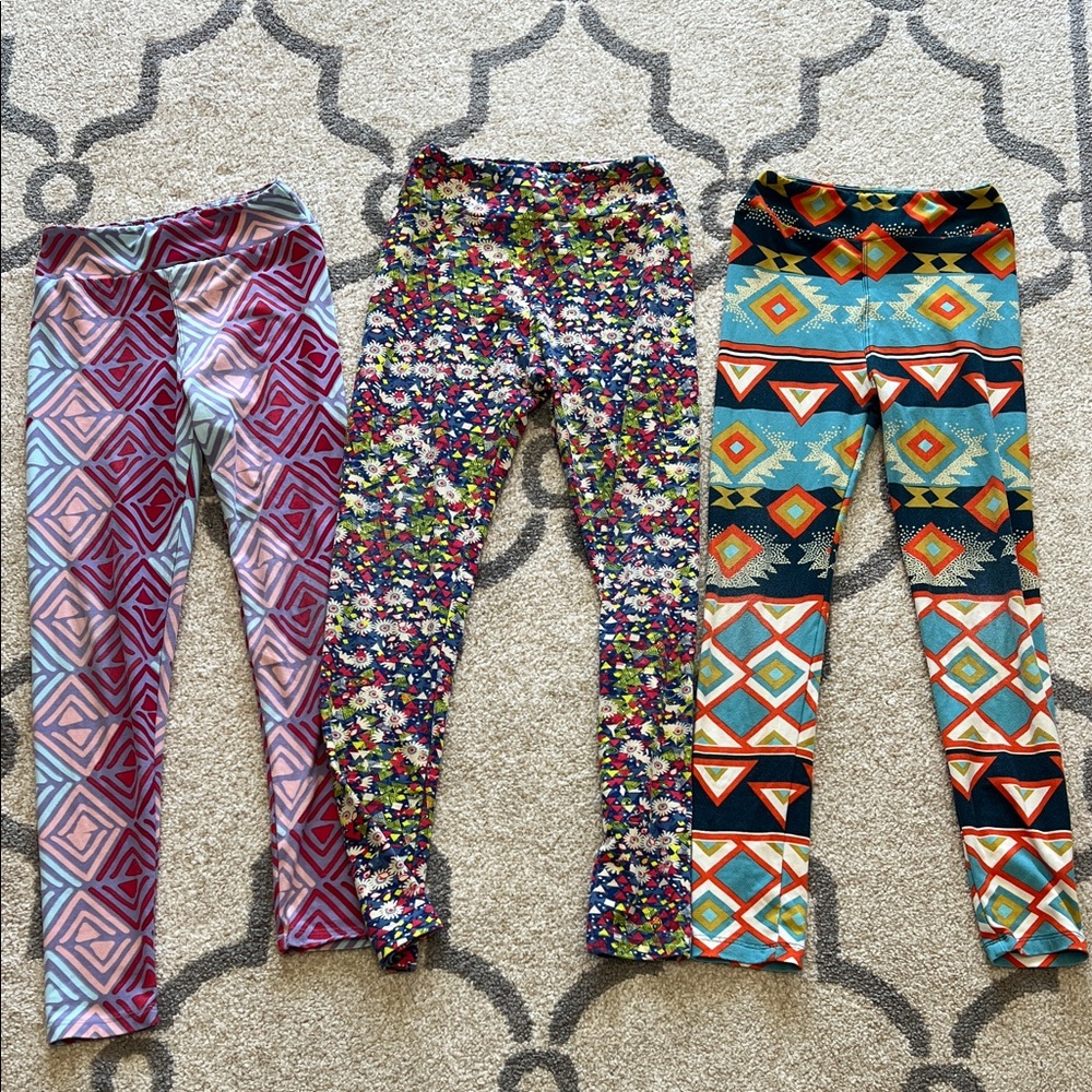 LuLaRoe Kids Leggings Trio - Pink, Multicolor, and Blue Patterns